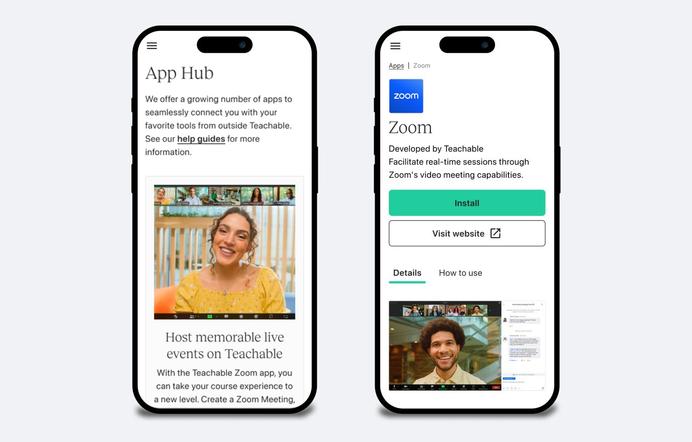 The redesigned App Hub and Zoom app page on mobile