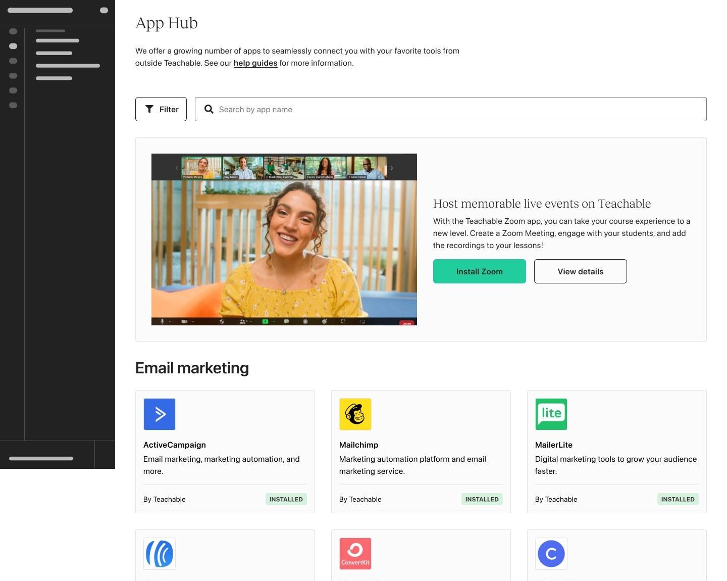 After: the new App Hub, with search, filters, a featured Zoom banner and apps grouped by category