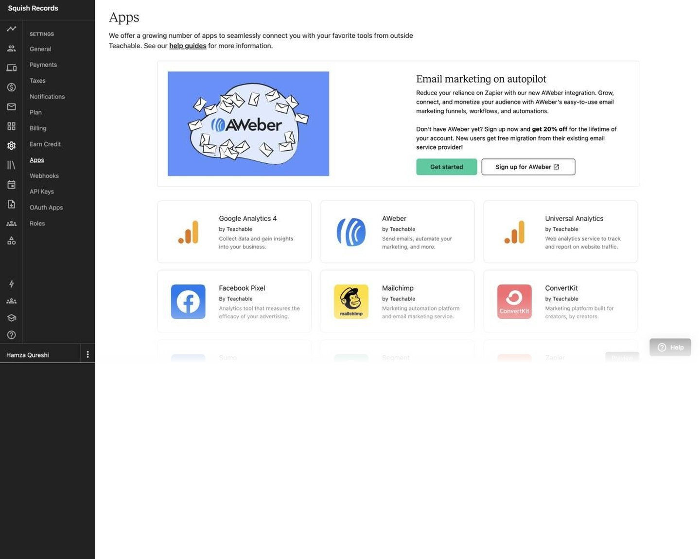 Before: the old Apps page, with an AWeber promo and a flat grid of app cards