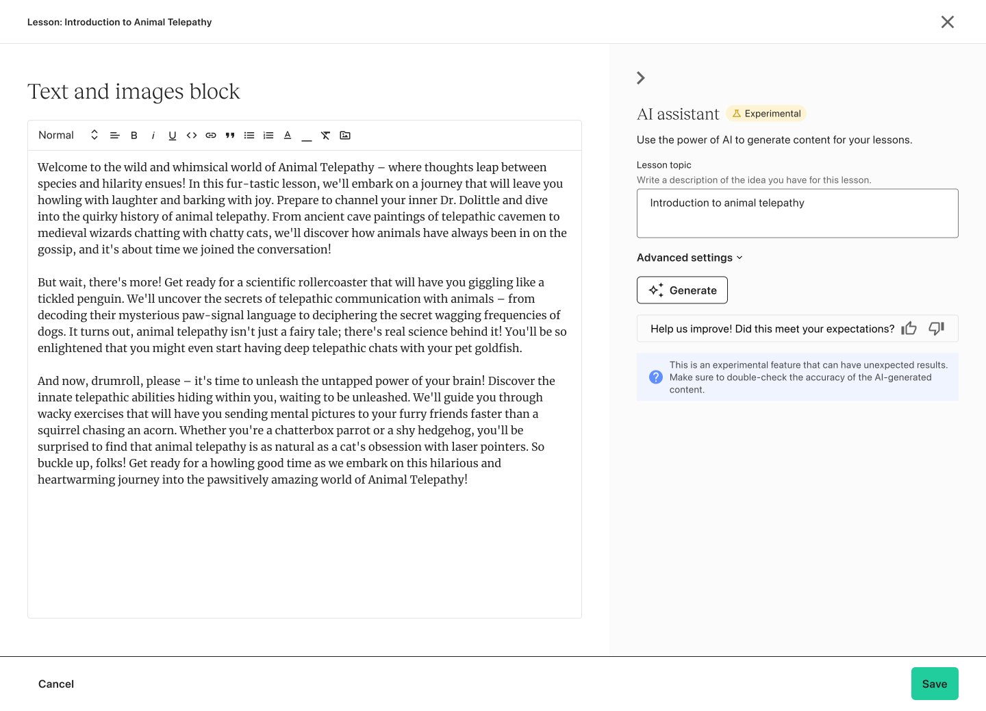 The AI assistant turns an empty lesson block into a full lesson draft
