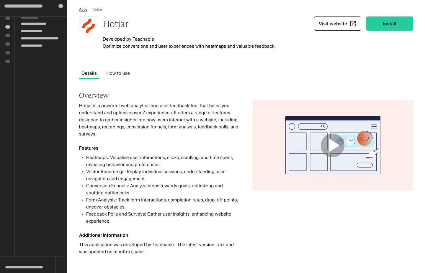 New app detail page: overview, features, video and separate Details and How to use tabs