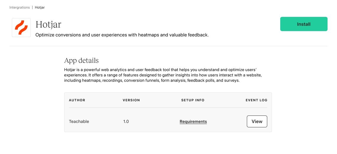 Old app detail page: dense technical table