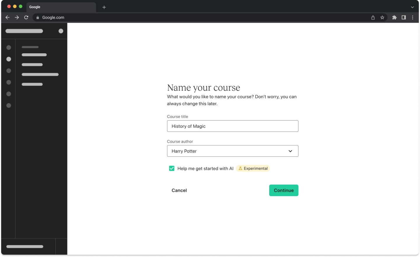 Name your course, with a 'Help me get started with AI' checkbox