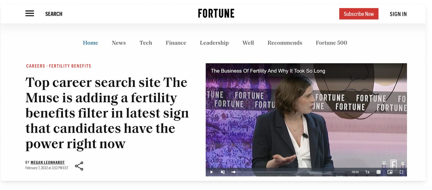 Fortune article about The Muse adding a fertility benefits filter