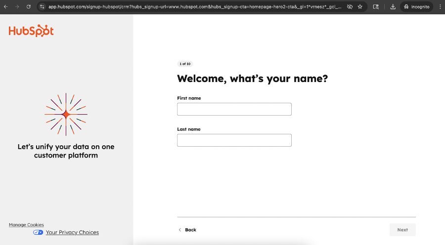 HubSpot: step 1 of 10, “Welcome, what’s your name?”