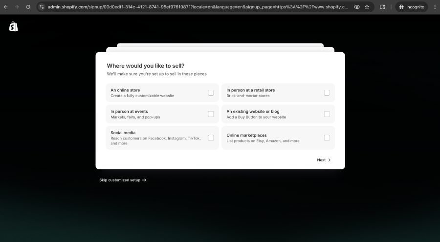 Shopify: “Where would you like to sell?”