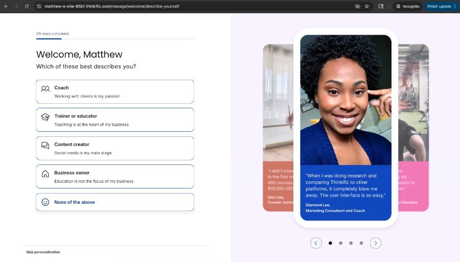Thinkific: “Which of these best describes you?” with creator testimonials