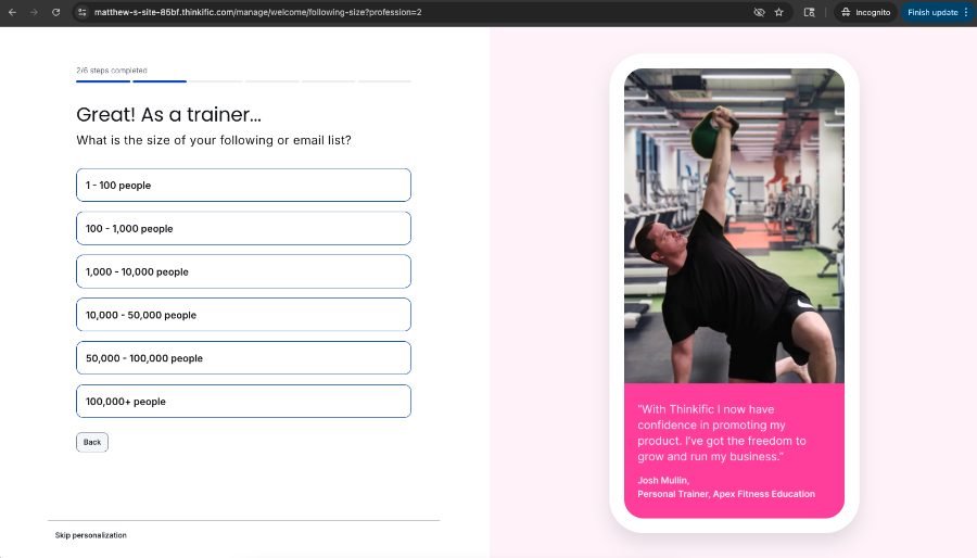 Thinkific: “Great! As a trainer…” follow-up question with a testimonial
