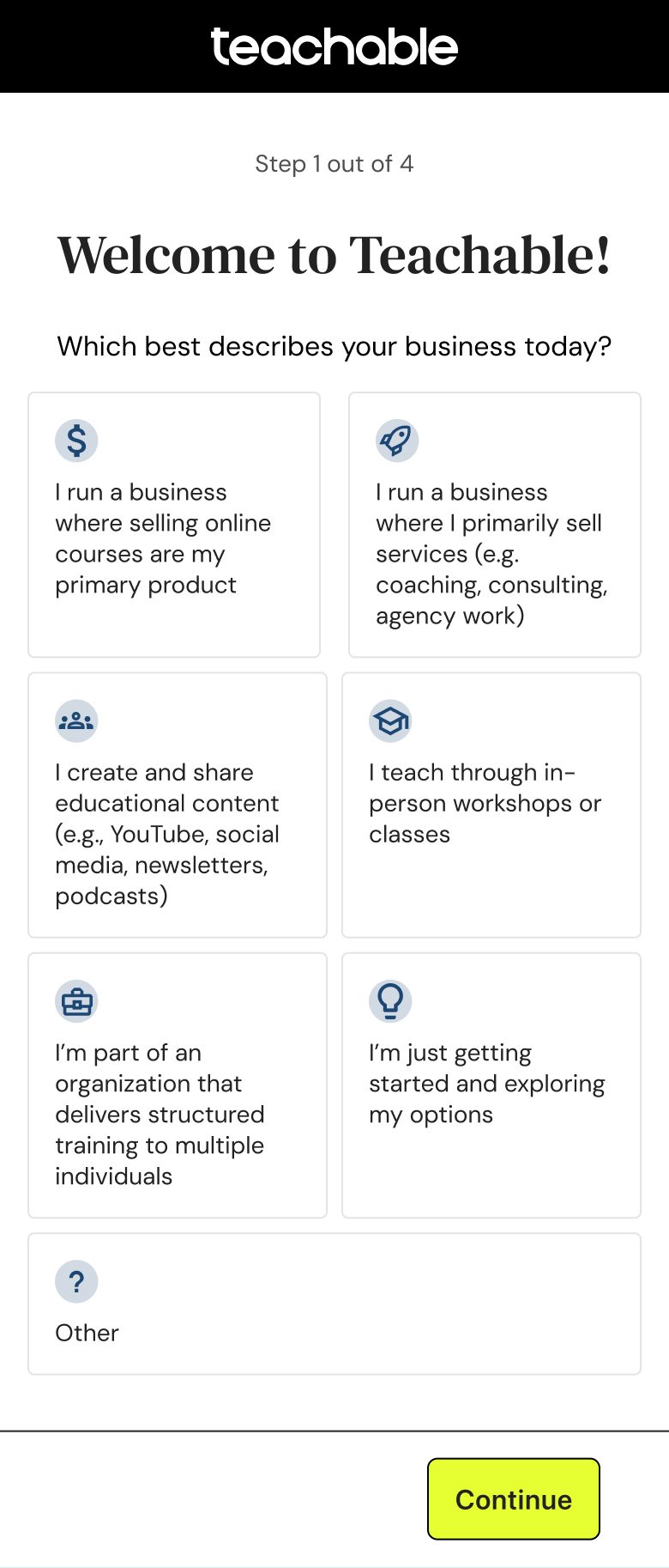 Mobile step 1: Welcome to Teachable, business type cards