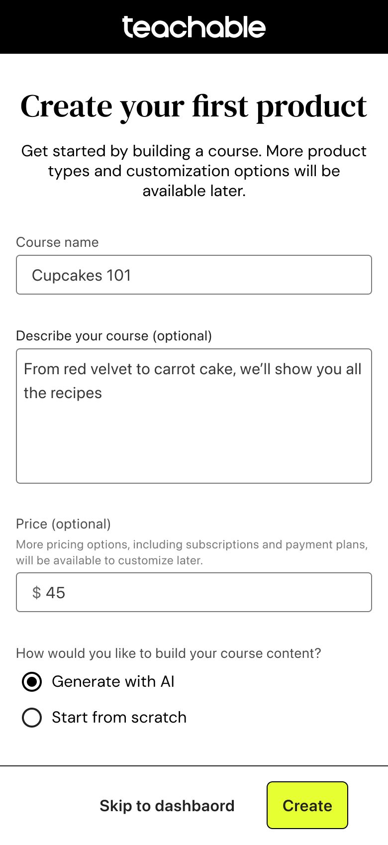 Mobile: Create your first product, with course name, description, price and Generate with AI