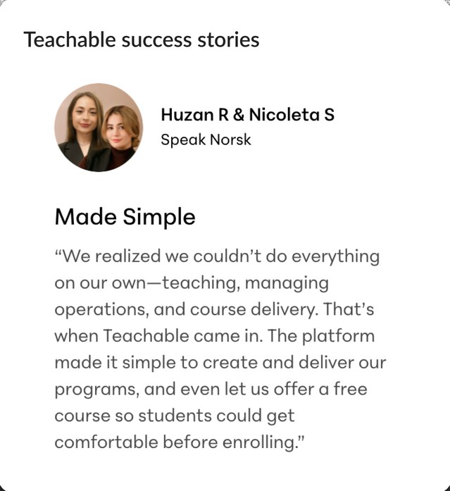 Teachable success stories: Huzan R and Nicoleta S of Speak Norsk, “Made Simple”, on how Teachable made it simple to create and deliver their programs