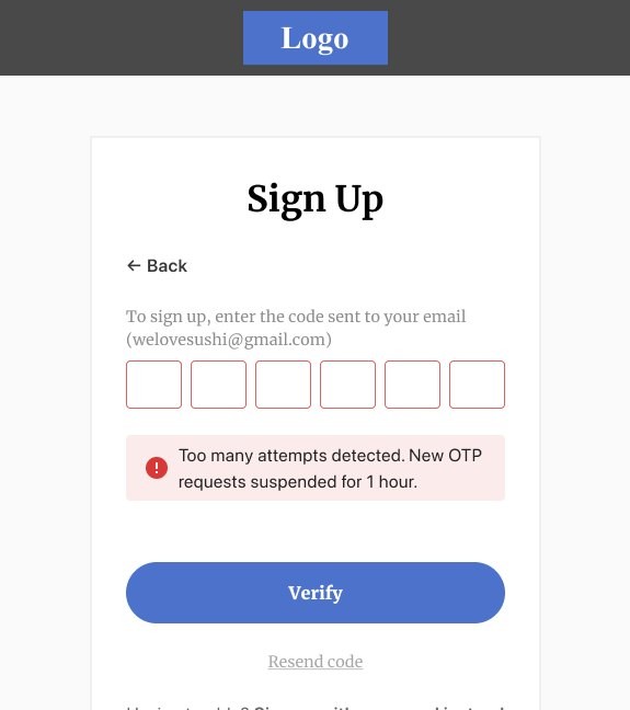 Too many attempts error on the verification code step
